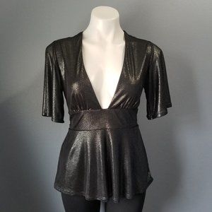 Express Metallic Deep V Neck Flutter Sleeve Blouse
